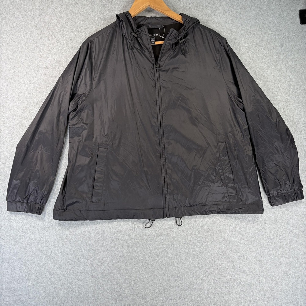 Eileen Fisher Windbreaker Jacket Womens Small Black Hooded Full Zip Lightweight
